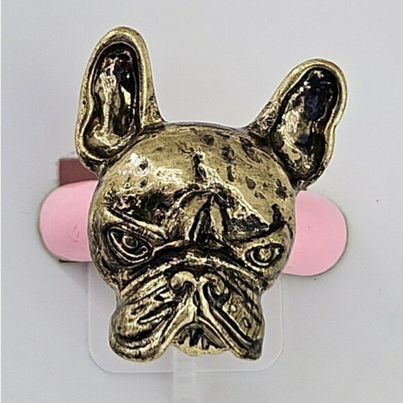 Betsey Johnson Frenchie Dog Enamel Ring Adjustable Fit Pink Gold NWT - Picture 1 of 5